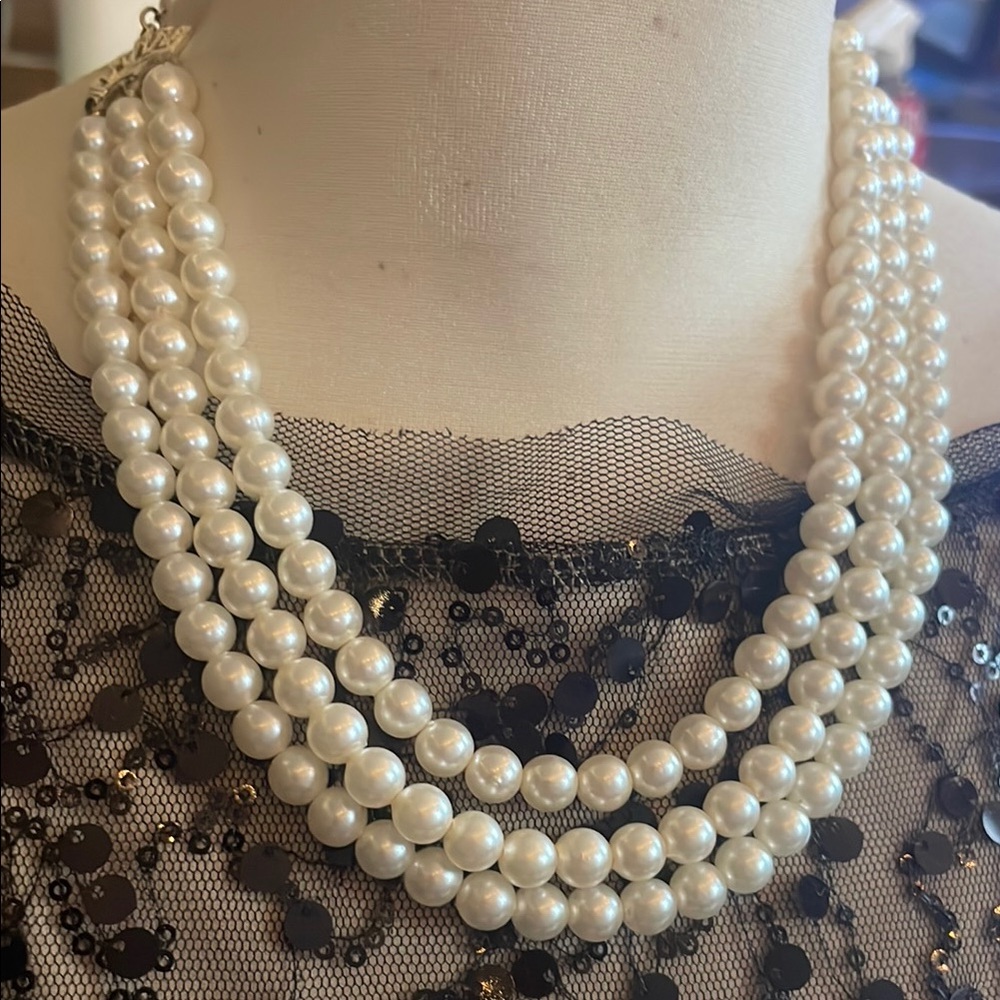 Vintage White Multi-Strand Pearl Necklace with Lustrous Cascade 14"